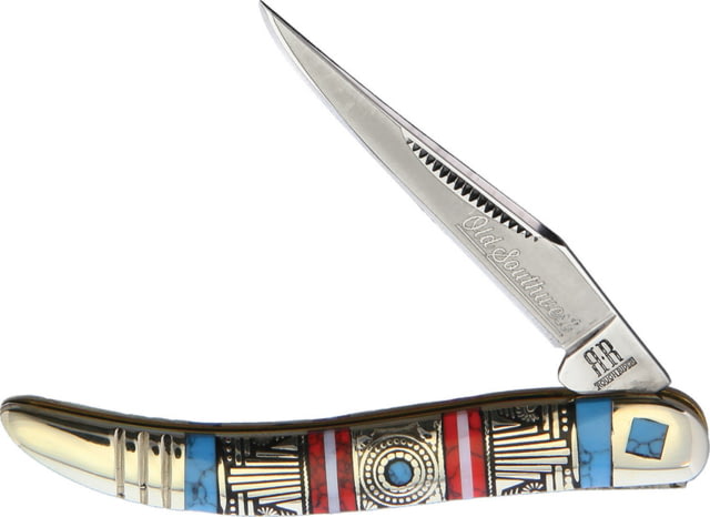 Rough Rider Old Southwest Baby Toothpick Folding Knife Mirror finish stainless long clip blade Red and blue stone handle with southwest style nic