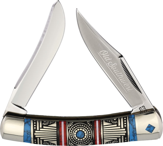 Rough Rider Old Southwest Large Moose Folding Knife Stainless clip and long spey blades Red and blue stone handle with southwest style nic