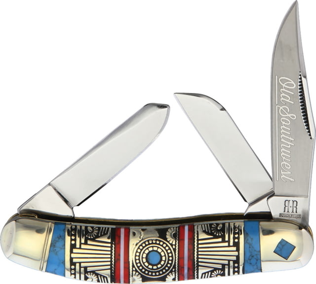 Rough Rider Old Southwest Sowbelly Stockmn Folding Knife Mirror finish stainless clip sheepsfoot and spey Red and blue stone handle with southwest - Rough Rider Knives