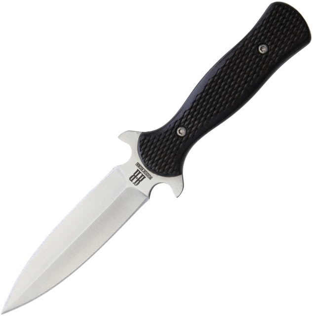 Rough Rider Small Boot Fixed Blade Knife 7in Overall 3.5in Satin Double Edge SS Dagger Blade Black Checkered Synthetic Handle Brown Leather Belt - Rough Rider