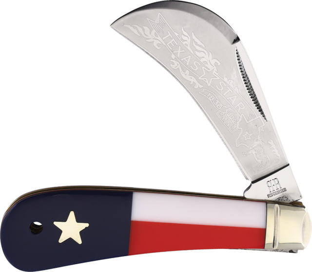 Rough Rider Texas Star Hawkbill Knife 4.13in Closed Stainless Hawkbill Blade Red/White/Blue Plastic Handle Texas Flag Handle Artwork  KB117 - Rough Rider Knives