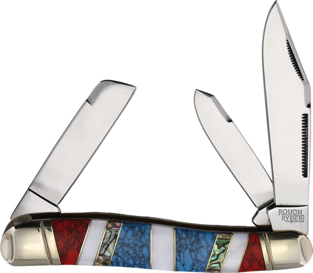 Rough Ryder Texas Stockman Folding Knife Red and blue turquoise Mother of Pearl and abalone