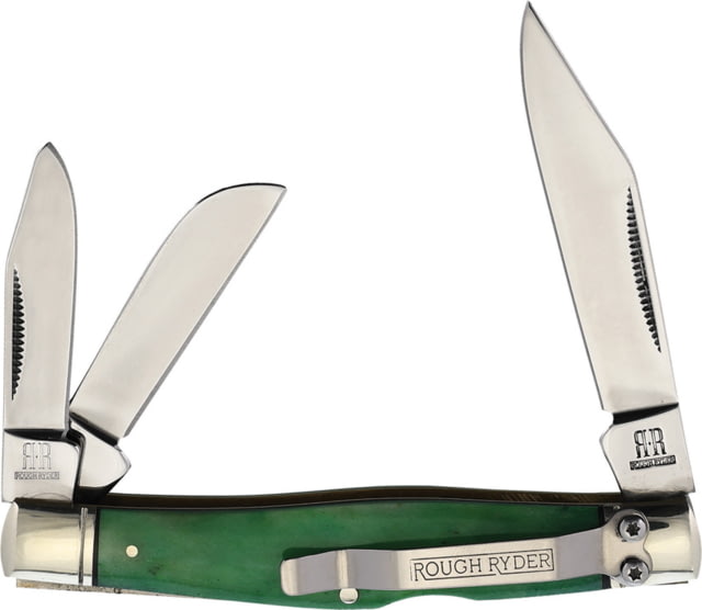 Rough Rider Working Man Stockman Folding Knife Mirror finish 440 stainless clip small clip and Green smooth bone handle KG301R /