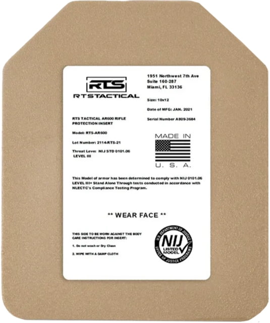 RTS Tactical AR600 Level III+ Special Threat Insert - 10X12 - Base Coat Tan - Rts Tactical