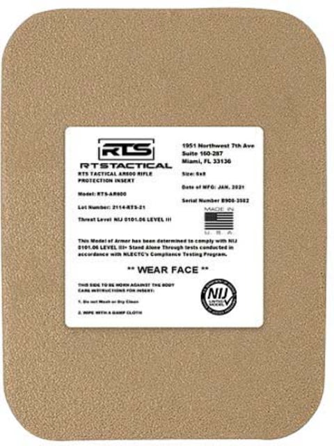 RTS Tactical AR600 NIJ 0101.06 Level III+ Side Plate Insert - 6X8 - Base Coat Tan - Rts Tactical