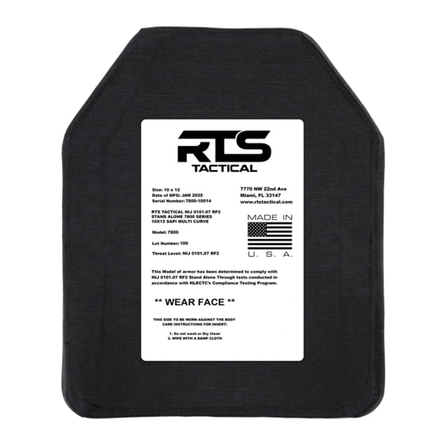 RTS Tactical Ceramic Level RF2 Stand Alone 7800 Series SAPI Cut Multicurved 10x12 inch Black 10x12 inch - Rts Tactical