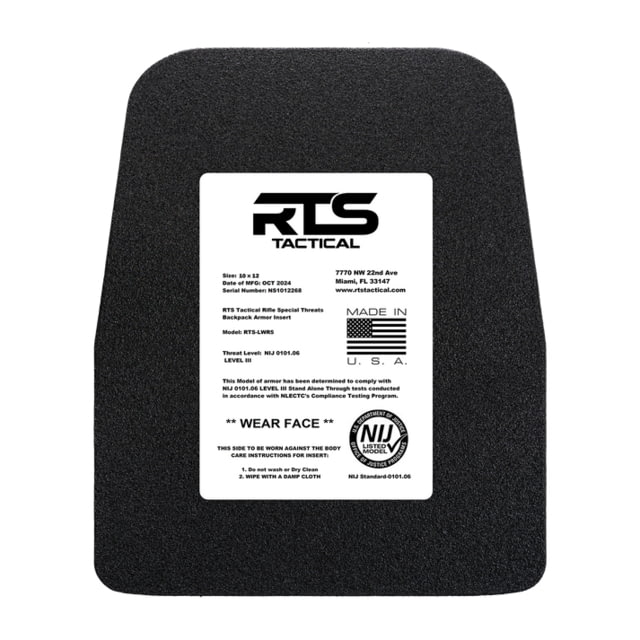 RTS Tactical Rifle Special Threats Backpack Armor Insert Black 10x12 inch