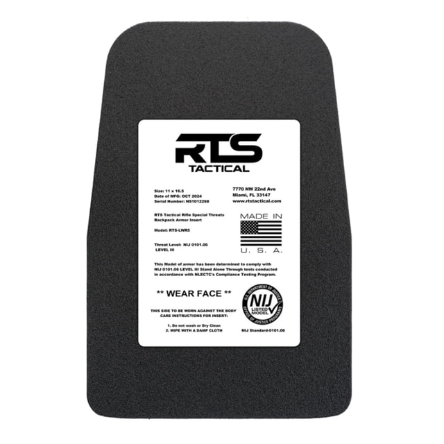 RTS Tactical Rifle Special Threats Backpack Armor Insert Black 11x16.5 inch - Rts Tactical