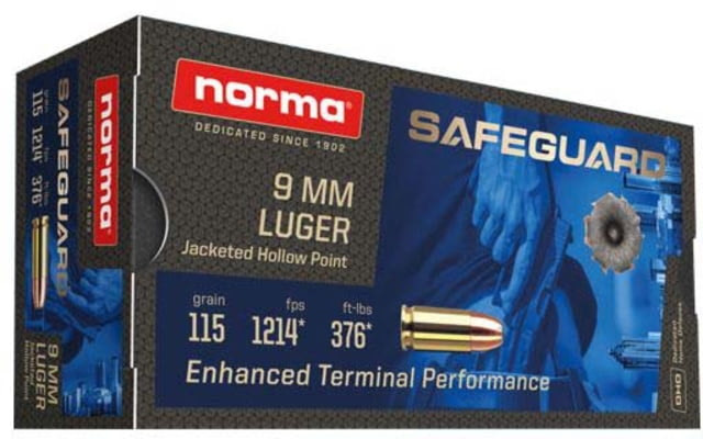 ma Safeguard 9mm Luger 115 Grain Jacketed Hollow Point Brass Cased Centerfire Pistol 50 Rounds Ammo