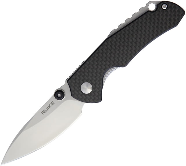 RUIKE Linerlock Carbon Fiber Folding Knife 2.75in Bead Blast Finish 14C28N Sandvik SS Drop Point Black G10 Handle With Carbon Fiber Onlay Built In