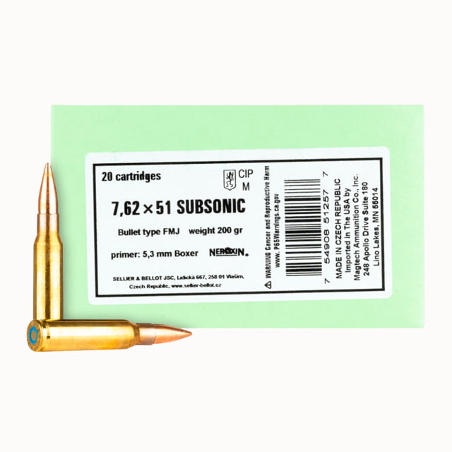 lier & Bellot 7.62x51 200 Grain Full Metal Jacket Subsonic Rifle 20 Rounds Ammo