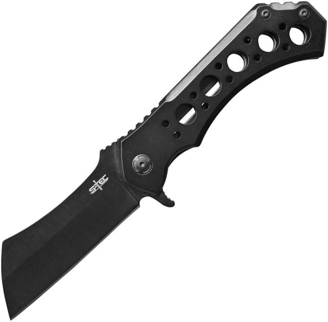 S-TEC Framelock Cleaver Blade Folding Knife 7in Closed 5in Black SS Blade Black SS Handle Pocket Clip Black Nylon Sheath - S-Tec