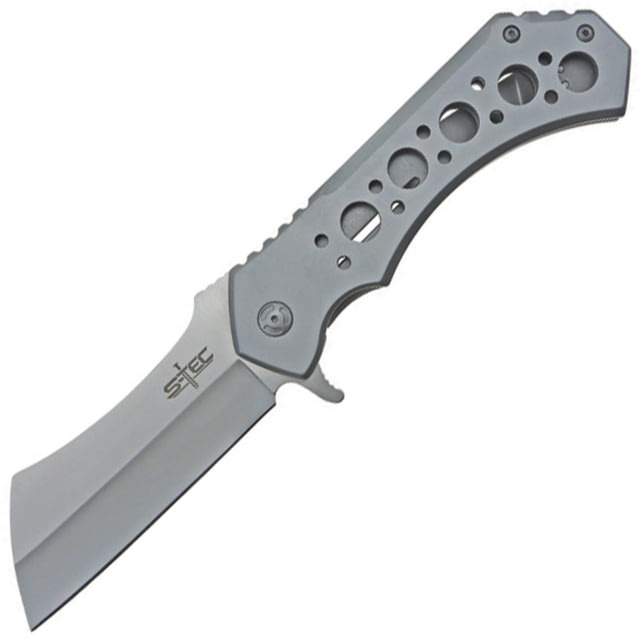 S-TEC Framelock Cleaver Blade Folding Knife 7in Closed 5in Satin 440 SS Blade Matte Finish SS Handle Pocket Clip Black Nylon Sheath - S-Tec