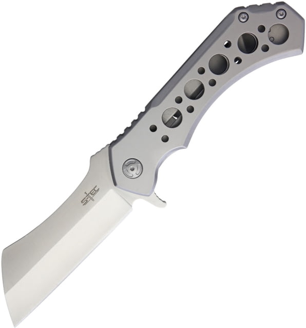 S-TEC Framelock Cleaver Blade Folding Knife 7in Closed 5in Stonewash 440 SS Blade Bead Blast Finish SS Handle Pocket Clip Cleaver Blade Black Nylon - S-Tec