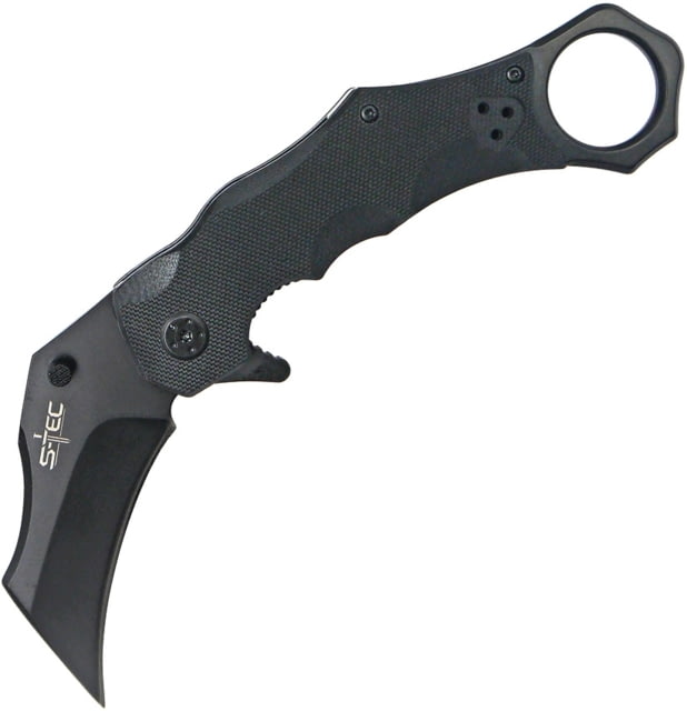 S-TEC Karamabit Linerlock Folding Knife 5.25in Closed 2.75in Black SS Karambit Blade Black G10 Handle Finger Ring Thumb Stud Black Nylon Sheath - S-Tec