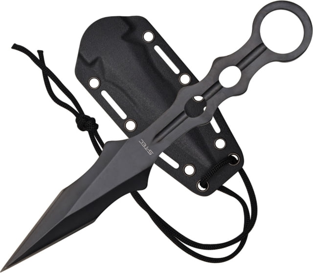 S-TEC Tactical Throwing Knife Fixed Blade Knife 9in Overall 2.5in Double Edge Blade Finger Ring One Piece Black 440 SS Construction Black Nylon Neck - S-Tec