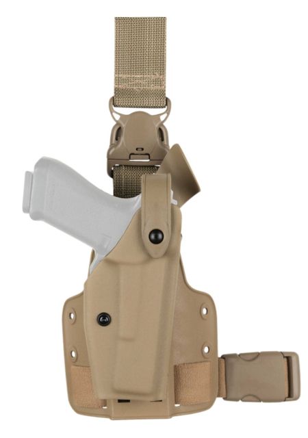 Safariland SLS Tactical Holster w/ Quick Release Leg Harness Right Hand STX FDE Brown Leg Shroud Single Strap and Hood Guard/Sentry Installed - Safariland