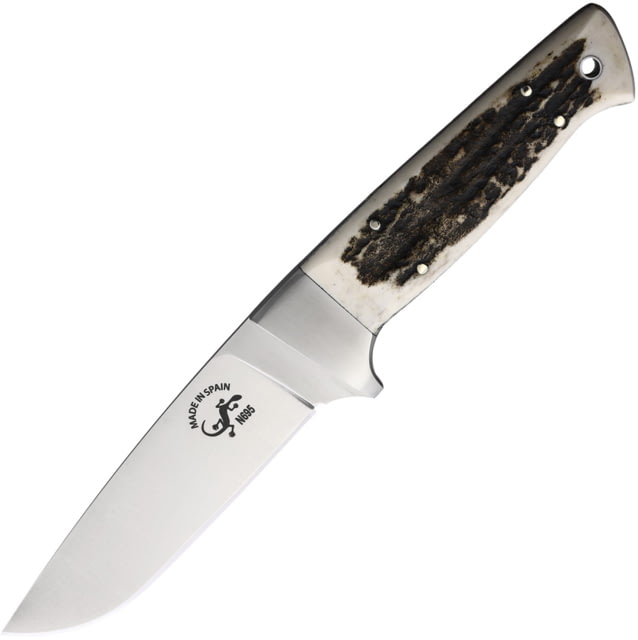 Salamandra Nestor Stag Fixed Blade Knife 9.25in Overall 4.5in Satin Bohler N695 SS Blade Stag Handle Stainless Guard Brown Leather Belt Sheath 407 063 - Salamandra
