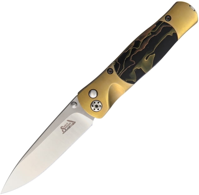 Santa Fe Stoneworks Tesoro Button Lock Folding Knife 3.5in Closed 2.75in Satin Vg-10 SS Blade Brass Bolster Thumb Stud Pocket Clip Noble Bronze Handle - Santa Fe Stoneworks