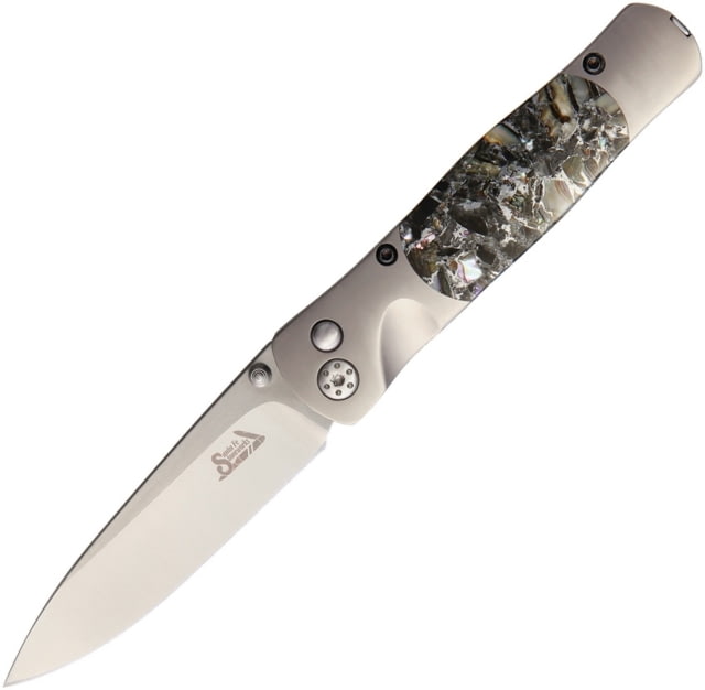 Santa Fe Stoneworks Tesoro Button Lock Folding Knife 3.5in Closed 2.75in Satin Vg-10 SS Blade Titanium Bolster Thumb Stud Pocket Clip Obsidian Abalone - Santa Fe Stoneworks