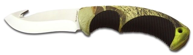 Sarge Fixed blade Guthook 8 1/8in 440 stainless guthook blade Rubberized camo and black handle - Sarge
