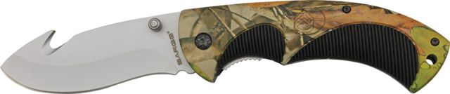 Sarge Guthook Linerlock stainless guthook blade Rubberized camo and black handle - Sarge