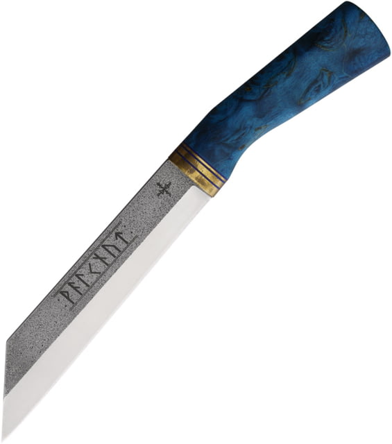 Scandinoff Valknut Classic Nordic Sky Knife 11.63in Overall 6.63in Stonewash Sleipner Tool Steel Wharncliffe Blade Blue Curly Birch Handle Brass/Blue - Scandinoff