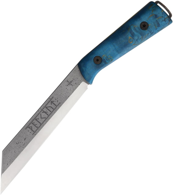 Scandinoff Valknut New Age Nordic Sky Knife 11.88in Overall 6.88in Stonewash Sleipner Tool Steel Wharncliffe Blade Blue Curly Birch Handle Leather - Scandinoff