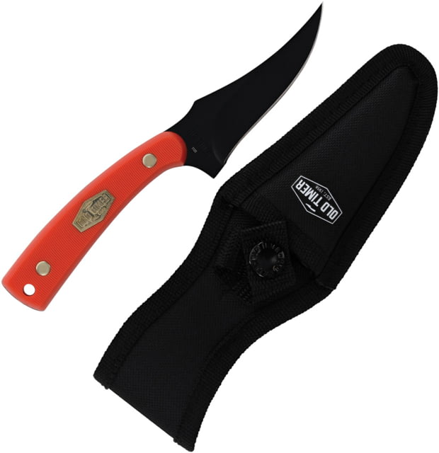 Schrade OT 3.25in Orange Sharpfinger Knife 7in Overall 3.25in Black SS Clip Point Blade Orange Sawcut Polymer Handle Black Polyester Belt Sheath - Schrade