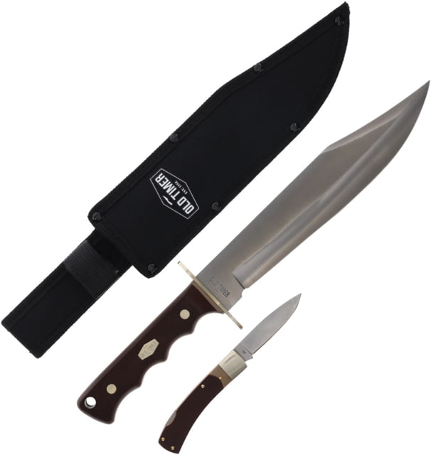 Schrade OT 10in Bowie & 2.75in Folder Combo 15.38in Overall 10in Satin SS Bowie Blade 3.75in Closed w/ 2.75in Drop Point SS Blade Brown Sawcut Delrin - Schrade