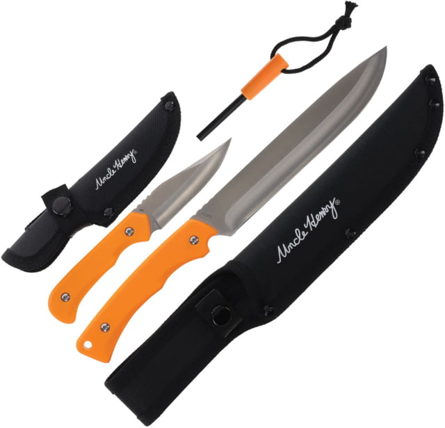 Schrade UH Fixed & Fire Starter Combo 12.88in Overall Hunter w/ 7.5in Blade 7.5in Caper w/ 3.38in Blade Orange Polymer Handle Black Nylon Belt Sheath - Schrade