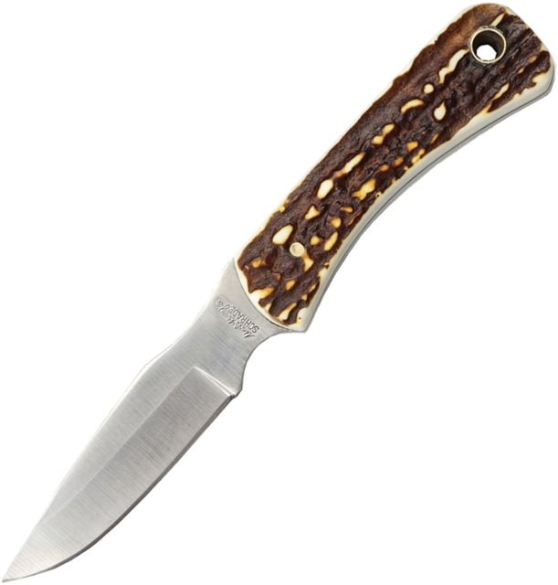 Schrade Uncle Henry Fixed Blade Knife Uncle Henry 6.5in Overall 2.75in Satin SS Blade Delrin Stag Handle Brown Leather Belt Sheath