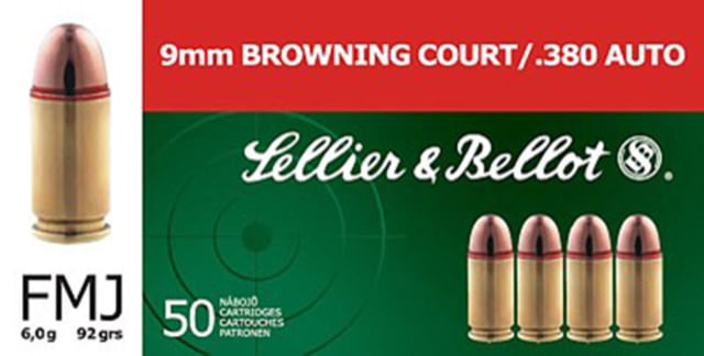 lier & Bellot 380 Auto/9mm Browning Court 92 Grain Full Metal Jacket Brass Cased Pistol 50 Rounds Ammo