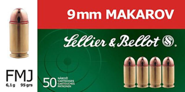 lier & Bellot 9mm Makarow 95 Grain Full Metal Jacket Brass Cased Pistol 50 Rounds Ammo