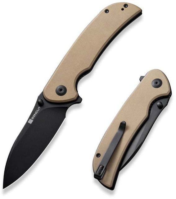 SENCUT Borzam Flipper/thumb Stud Folding Knife 3.46inch Black 9cr18mov Drop Point Plain Edge Blade Tan G10 Handle