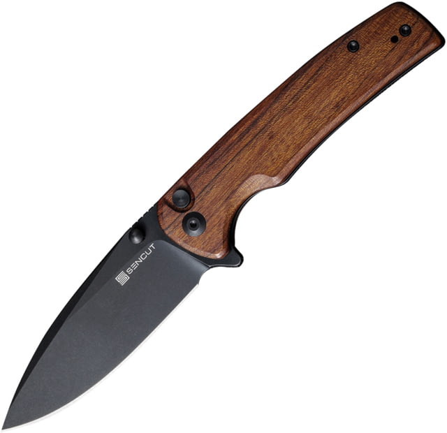 SENCUT Sachse Wood Folding Knife 4.38in Closed 3.38in Black Stonewash 9Cr18MoV SS Blade Brown Wood Handle Nylon Case