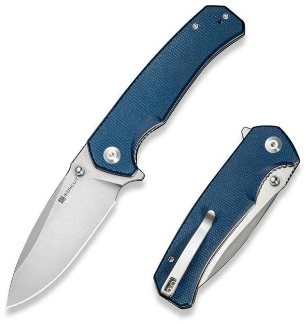 SENCUT Skarnax Flipper/thumb Stud Folding Knife 3.79inch Satin 9cr18mov Drop Point Plain Edge Blade Blue Canvas Micarta Handle
