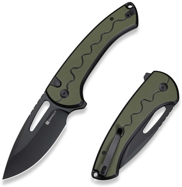 SENCUT Squiggy Flipper & Thumb Hole & Button Lock Knife Black / Green G10 Handle - Sencut