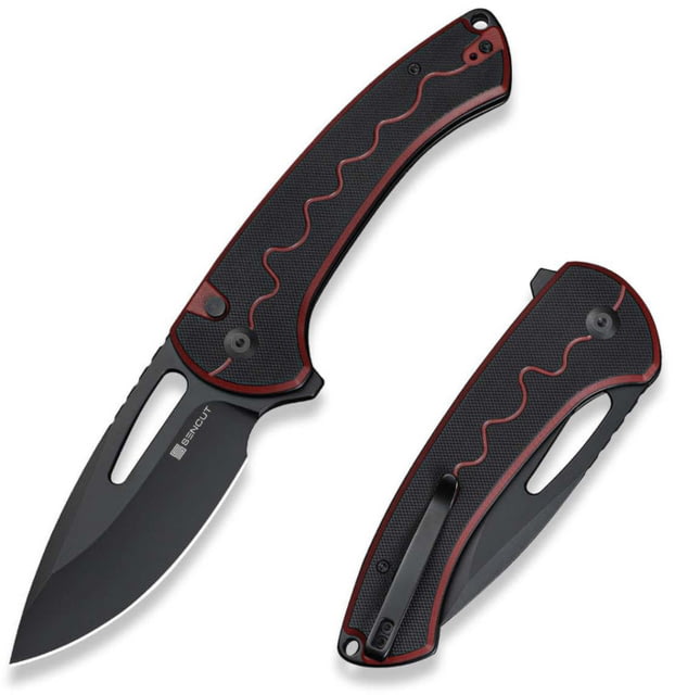 SENCUT Squiggy Flipper & Thumb Hole & Button Lock Knife Burgundy / Black G10 Handle