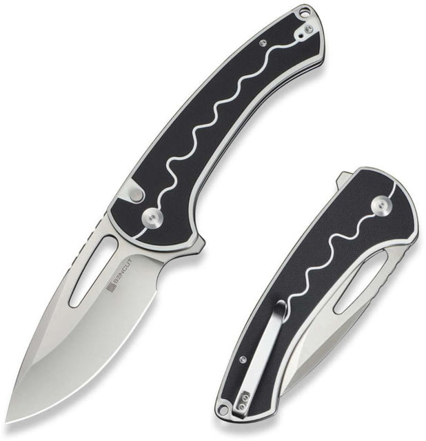SENCUT Squiggy Flipper & Thumb Hole & Button Lock Knife White / Black G10 Handle