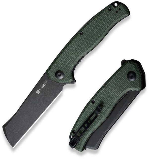 SENCUT Traxler Flipper Knife 3.49inch Black 9cr18mov Sheepsfoot Plain Edge Blade Green Canvas Micarta Handle - Sencut