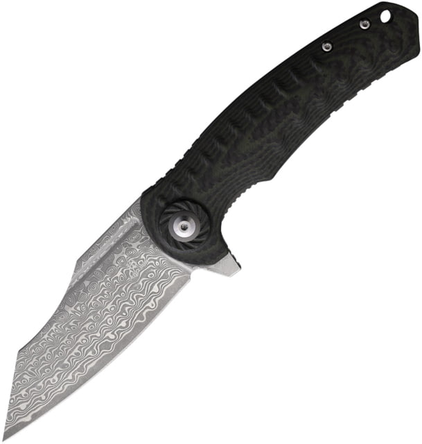 Shieldon Tranchodon Black/Green Folding Knife 4.63in Closed 3.63in Damascus Steel Blade Black/Green G10 Handle Nylon Sheath - Shieldon