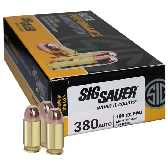  SAUER Elite Performance .380 ACP 100 Grain Full Metal Jacket Brass Cased Centerfire Pistol 50 Rounds Ammo