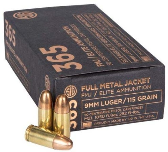SIG SAUER Elite Ball P365 9mm Luger 115 Grain Full Metal Jacket Brass Cased Centerfire Pistol Ammo 50 Rounds E9 SAUER Elite Ball P365 9mm Luger 115 Grain Full Metal Jacket Brass Cased Centerfire Pistol 50 Rounds E9 Ammo