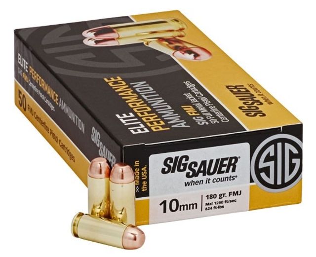 SIG SAUER Elite Performance 10mm Auto 180 Grain Full Metal Jacket Brass Cased Centerfire Pistol Ammo 50 Rounds  SAUER Elite Performance 10mm Auto 180 Grain Full Metal Jacket Brass Cased Centerfire Pistol 50 Rounds Ammo