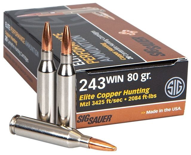 SIG SAUER Elite Copper Hunting Rifle Ammo .243 Winchester 80 Grain Hunting Tipped Brass Cased Centerfire Rifle Ammo 20 Rounds SAUER Elite Copper Hunting Rifle .243 Winchester 80 Grain Hunting Tipped Brass Cased Centerfire Rifle 20 Rounds Ammo