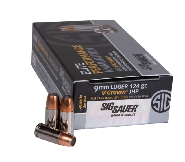 SIG SAUER Elite V-Crown 9mm Luger +P 124 Grain Jacketed Hollow Point Nickel-Plated Brass Centerfire Pistol Ammo 50 Rounds - Sig Sauer