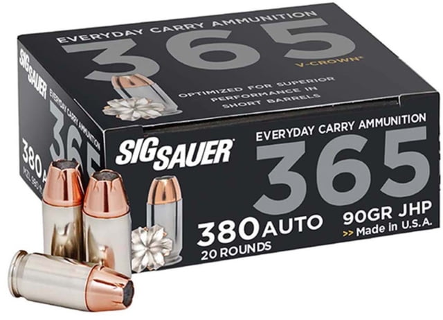 SIG SAUER Elite V-Crown .380ACP 90 Grain Jacketed Hollow Point Brass Cased Centerfire Pistol Ammo 20 Round