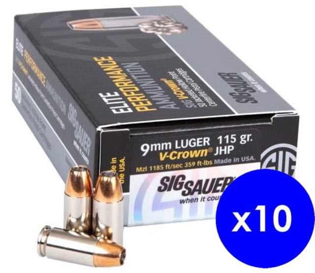  SAUER Elite V-Crown 9mm Luger 115 Grain Jacketed Hollow Point Brass Cased Centerfire Pistol 500 Rounds E9 MmA1-50-KIT1 Ammo