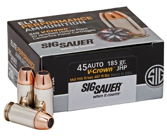  SAUER V-Crown .45 ACP 185 Grain Jacketed Hollow Point Brass Cased Centerfire Pistol 50 Rounds Ammo